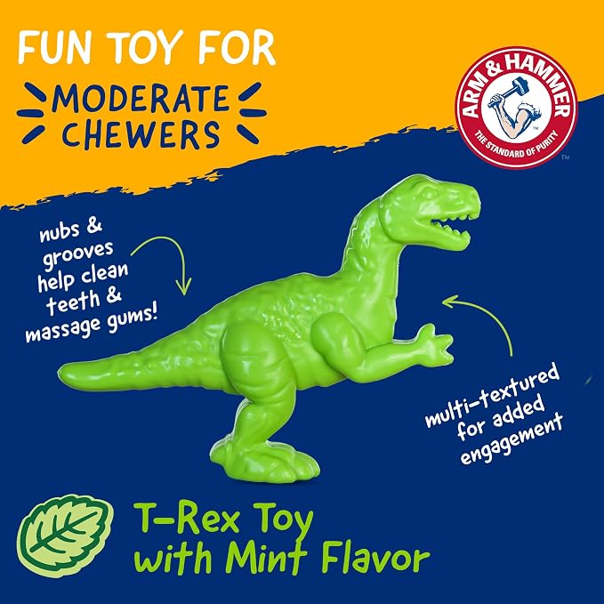 Arm & Hammer Nubbies T-Rex Dog Dental Chew Toy, Mint Flavor, 24-Pack | Nylon construction, baking soda infused, reduces plaque and tartar without brushing, moderate chewers