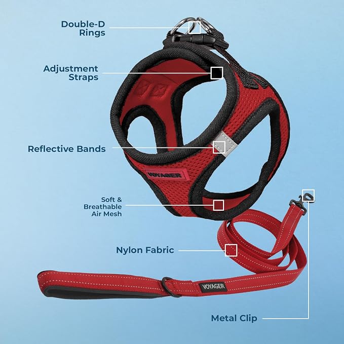 Best Pet Supplies Voyager Step-in Air All Weather Mesh Harness and Reflective Dog 5ft Leash Combo with Neoprene Handle, for Small, Medium and Large Breed Puppies - Red/Black Trim, XXX-Small