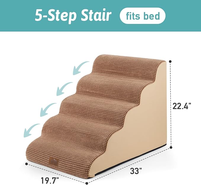 COZY KISS Extra Wide Dog Stair for Small Dog, 5 Step Pet Ramp for Bed | Curved Stable Dog Step for Puppy, Older Cat, Senior, Medium, Short-Legged Dog, Non-Slip Ladder for High Bed, Light Brown