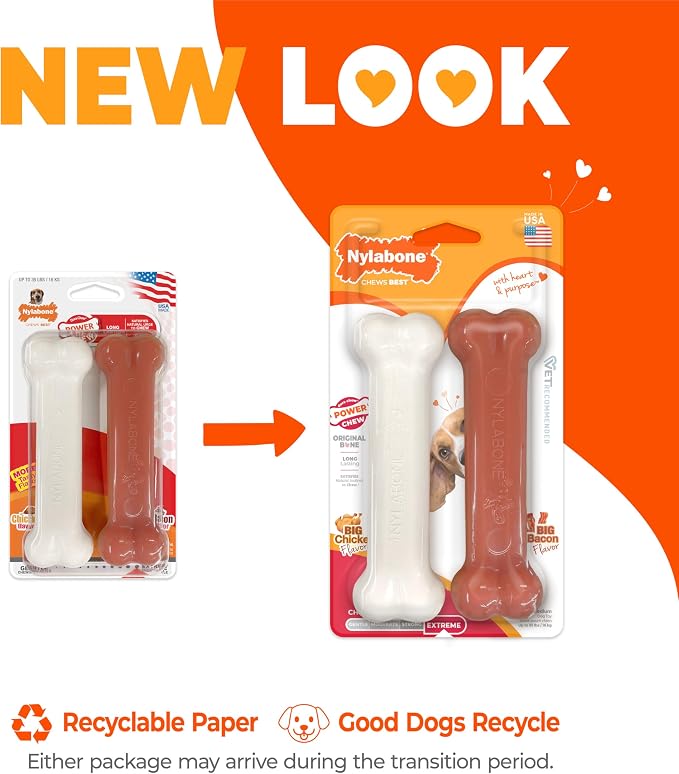 Nylabone Power Chew Original Bone Dog Chew Toys, Medium, 2 Count | Chicken and bacon flavor, durable chew toys, discourages destructive chewing, long lasting, for dogs up to 35 pounds