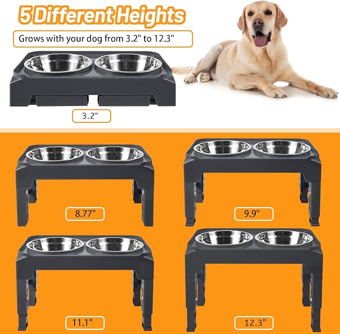 Elevated Dog Bowls with 2 Stainless Steel Dog Food and Water Bowls+Pet Food Scoop Raised Bowl Adjusts to 5 Heights (3.15",8.66",9.84",11.02", 12.2") for Small Medium and Large Dogs Cats (Grey)