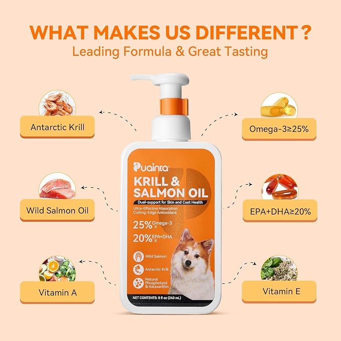 PUAINTA Omega 3 Fish Oil for Dogs & Cats, Salmon & Krill Oil with EPA DHA