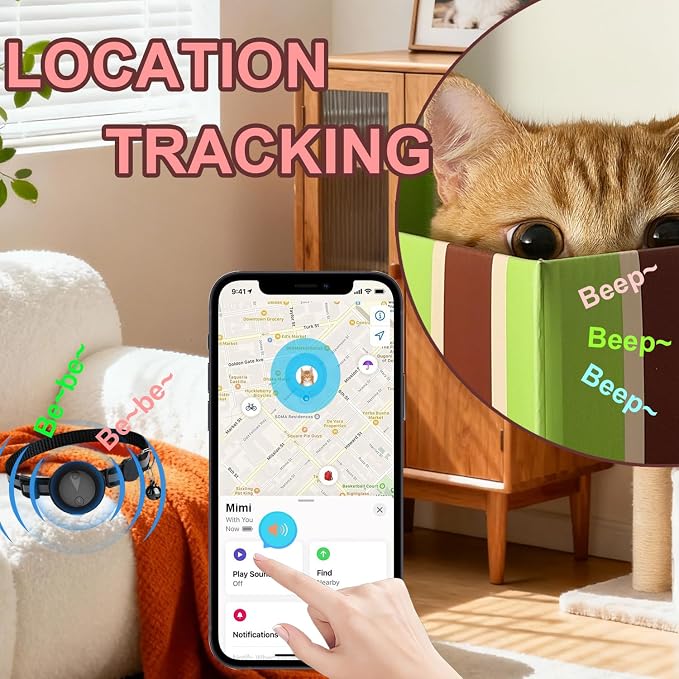 Pet GPS Tracker Collar for Cats,Mini GPS Dog Tracker,No Monthly Fee Location,Smart Pet Activity Tracker,Works with Apple iOS Find My,IP67 Waterproof Finder Tag Global Tracking-Black