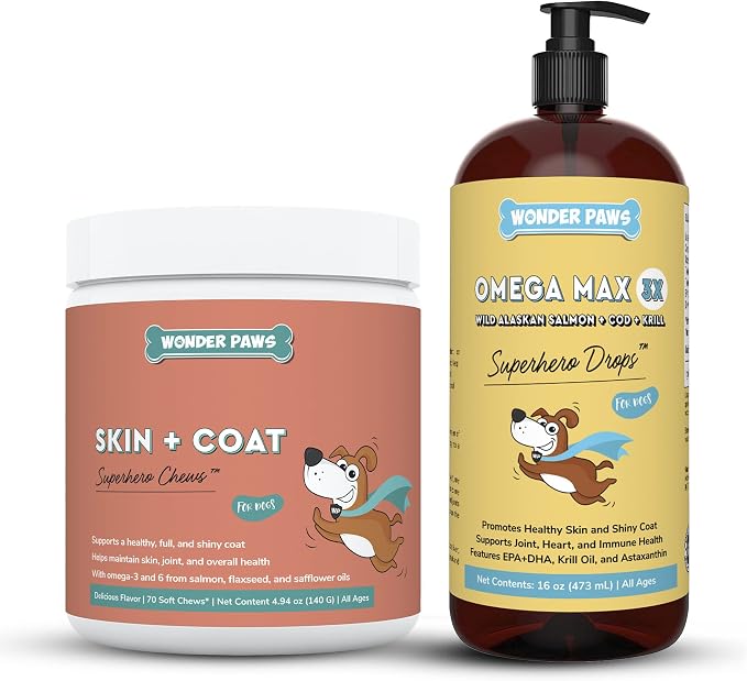 WONDER PAWS Skin + Coat Chews Plus Omega Max Fish Oil - for Dog Joint Health, Skin and Coat Care, & Immune System Support - Skin + Coat 70 Chews - Omega Max 16 Ounces