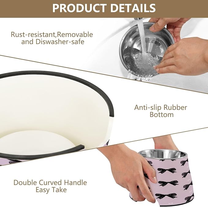 Blueangle Elevated Dog Bowls with Stainless Steel - Non-Slip 2.3 Cup High Capacity Pet Dish for Spinal Health & Black Bows Design（300）