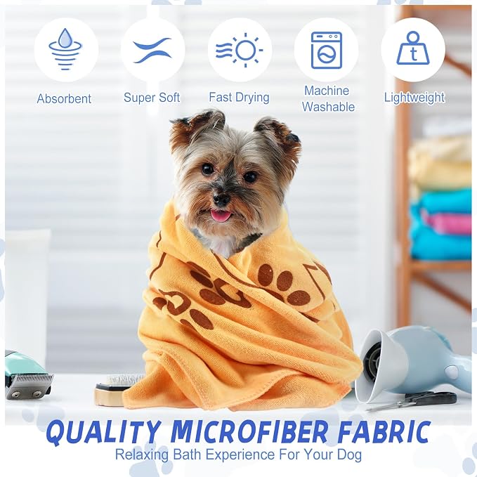 Fanfanwin 4 Pcs Dog Bath Towels Microfiber Drying Dog Towel Absorbent Pet Heart Paw Towels for Medium Dogs Puppy Cats Pets Shower(Blue, Yellow, Pink, Apple Green)