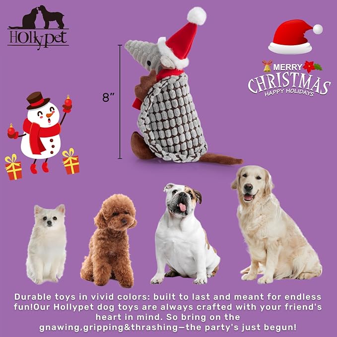Hollypet Armadillo Squeaky Puppy Dog Toys for Small Medium Dogs, Christmas | plush stuffed small dog squeak animal toy with unique grunt squeaker textured fabric for teeth cleaning toys