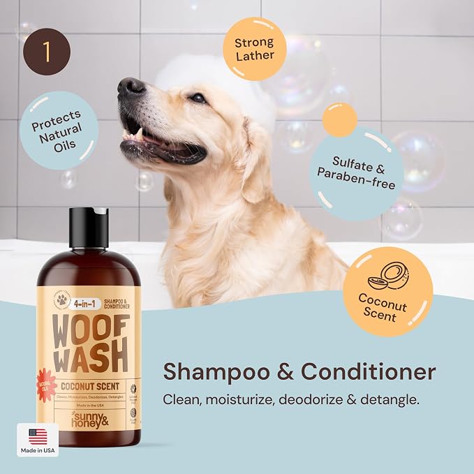 Sunny & Honey Detangling Dog Shampoo and Conditioner set | Bonus Dog Perfume, Brush & Towel - Dog Wash (Coconut, 16oz) - Deodorizer Cologne Spray (Breeze, 8oz) - US Made Bath Supplies