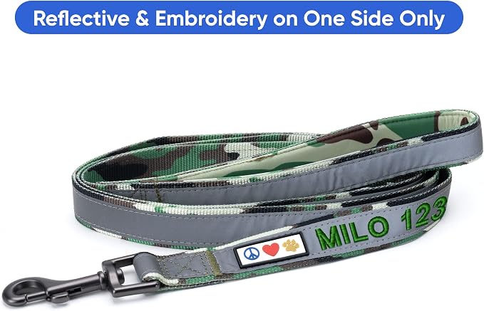Pawtitas Personalized Camo Green Dog Leash 6 ft Custom ID Lead for Dogs & Puppies Reflective Comfortable Padded Handle Embroidered Name & Phone Number