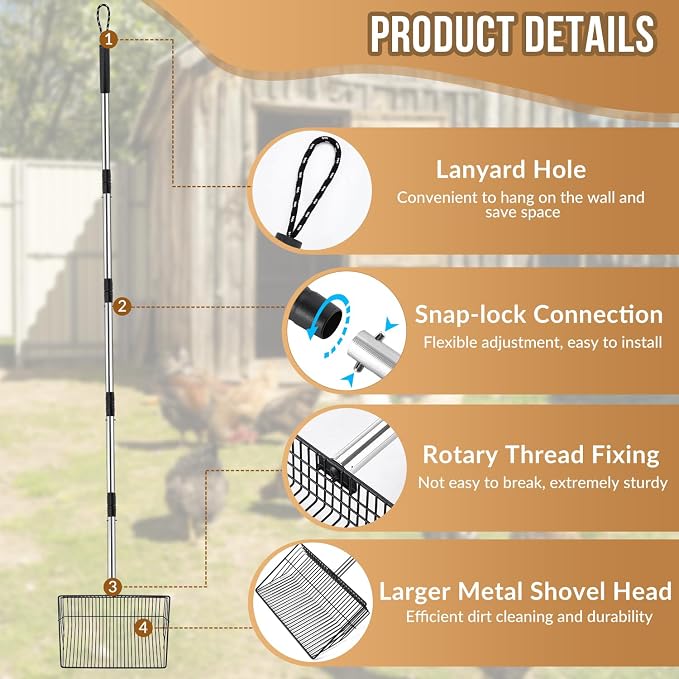 SlowTon Chicken Poop Scooper 10" Wide - Stainless Steel Chicken Coop Scoop Heavy Duty with 40 to 77" Long Handle for No Bending Work, Chicken Coop Litter Cleaning Tool Sand Sifting Shovel