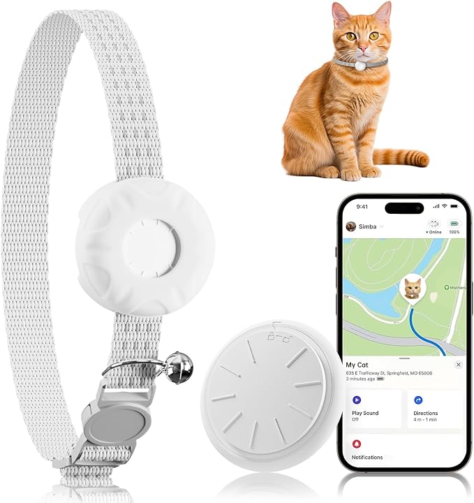 GPS Tracker, Waterproof Pet GPS Tracker for Cats,Cat Tracker Compatible with Apple Find My App (Only iOS), No Monthly Fee, White