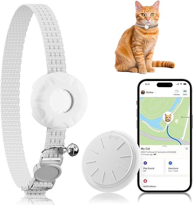 Cat Tracker, GPS Tracker Compatible with Apple Find My App(Only iOS),Cat Tracker Collar with Bell and Safety Elastic Buckle,No Monthly Fee Cats Collar Trackers,Territory & Location History,White