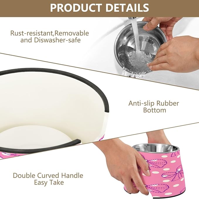 Blueangle Elevated Dog Bowls with Stainless Steel - Non-Slip 2.3 Cup High Capacity Pet Dish for Spinal Health & Dots Bows Design（385）