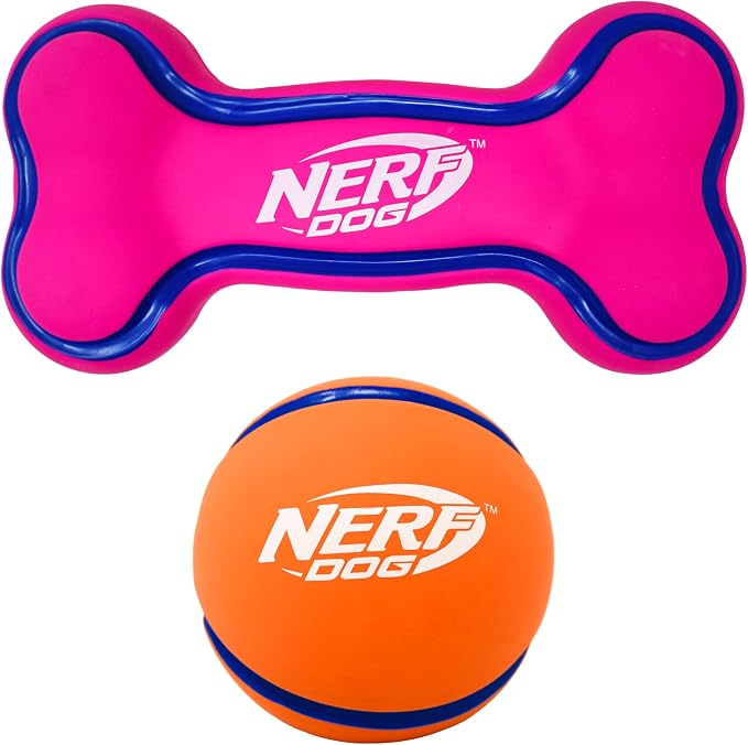 Nerf Dog 2.5in Latex Squeak Ball and 5in Latex Squeak Bone 2-Pack -Pink/Blue and Orange/Blue