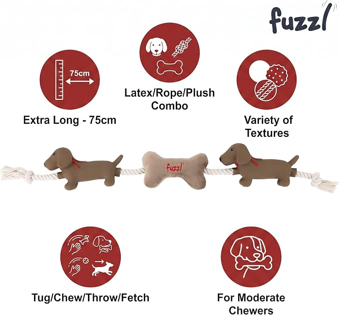 Fuzzl Sizzles Tugga Dachshund Rope Toy for Puppies and Small Medium Dogs | Plush and Latex, Sausage Dogs Attached, Durable Interactive, Tug Chew Toy
