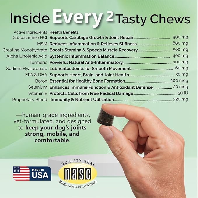 Hylox Soft Chews for Dogs – Joint Support with Glucosamine, MSM, Creatine, Hyaluronic Acid, Turmeric, EPA & DHA – Supports Joints & Cushions Connective Tissues – NASC Certified – 120 Soft Chews