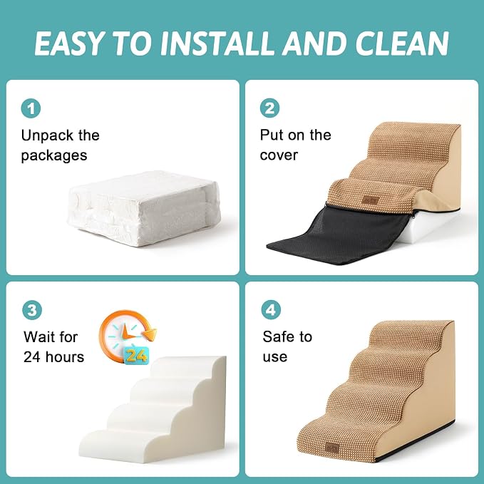 COZY KISS Dog Stairs for High Bed 22.6" H, Small Dog Step for Puppy, Older or Cat, Curved Ramp for Car, Ladder with High Density Foam, Lightweight, Durable, 5 Step, 15.7x33x22.6 inch, Light Brown