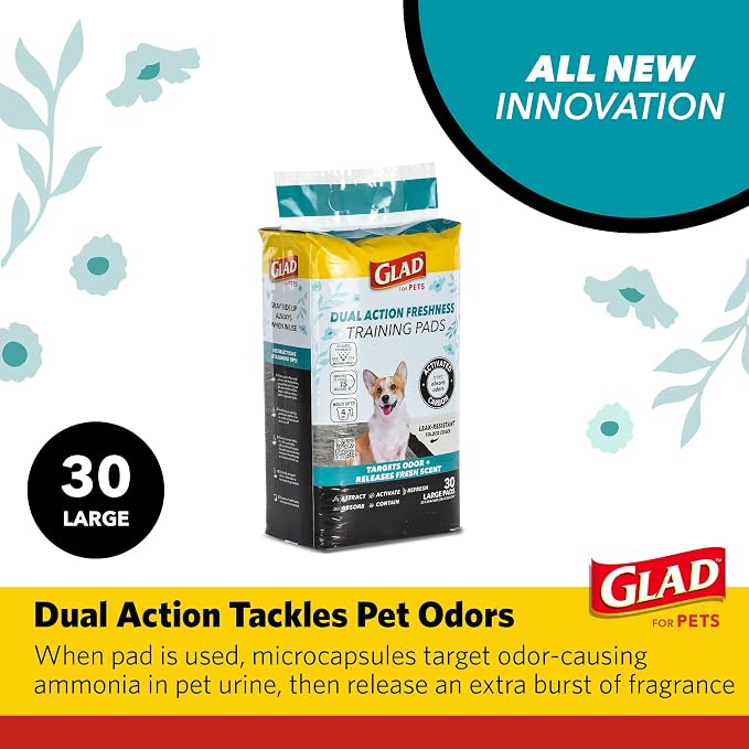 Glad for Pets Dual Action Freshness Activated Carbon Puppy Pads, Fragrance Release, Scented Odor Control, 6-Layer Leak-Proof, Pheromone Attractant, 23 x 23 Inch, 30 Count