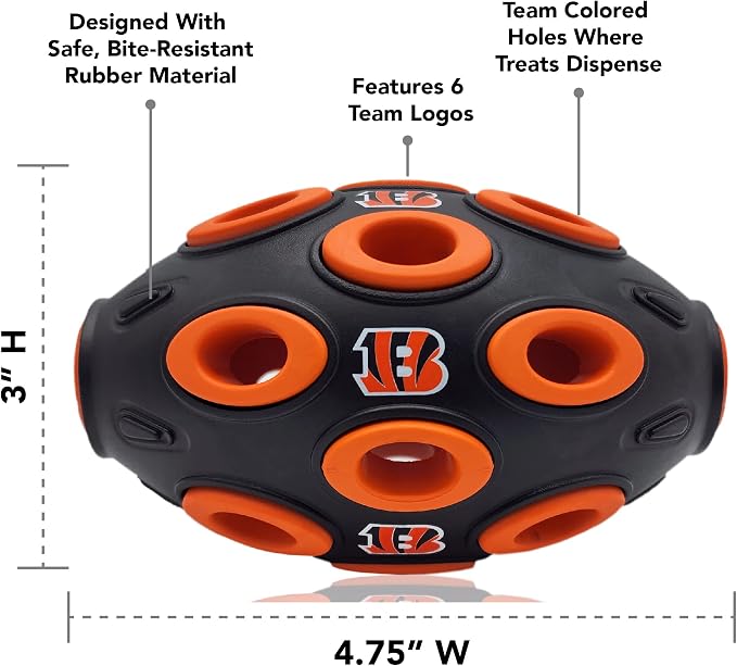 NFL Cincinnati Bengals Football Treat Dispensing Toy for Dogs and Cats, Rubber Ball Dog Toy, Interactive Fun Dog Treat Toy, Natural Rubber Dog Feeding Toy