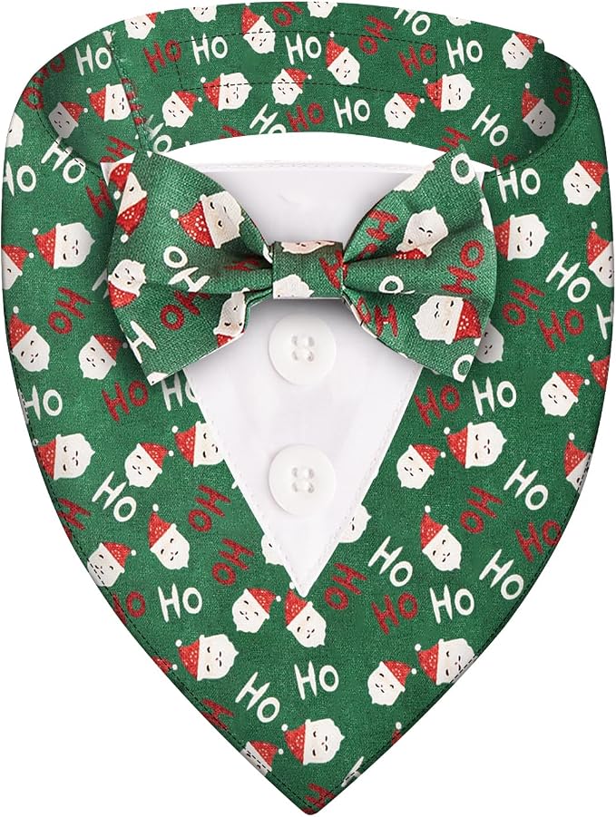 Adjustable Plaid Christmas Dog Tuxedo Bandana with Bow Tie, Large, XS