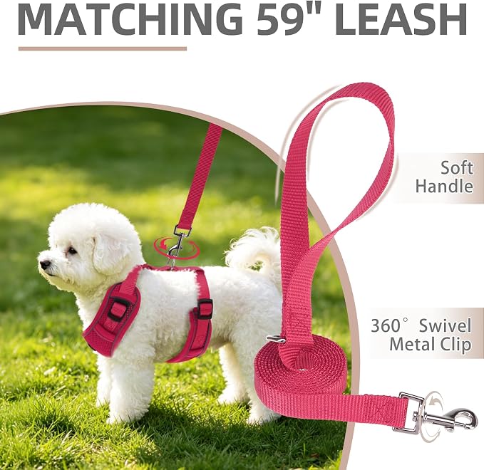 PUPTECK Soft Mesh Small Dog Harness and Leash Set Pet Puppy Cat Adjustable Reflective Padded Vest No Pull Harnesses, Hot Pink, S