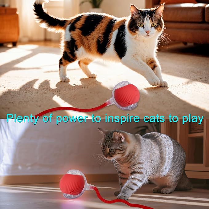 Interactive Cat Dog Toy Ball: Indoor Automatic Moving Smart Rolling Fun Pet Game with Led Light and Tail for Motion Activated, Kitten Puppy Present, Chase Exercise, Hunting Simulation-Upgrade (Red)