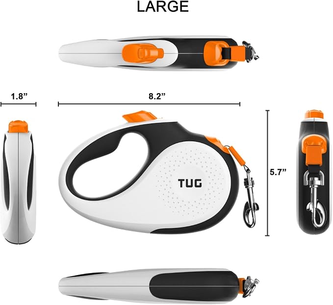 TUG Original Retractable Dog Leash, 16 ft (Large, White/Orange) | 360° Tangle-Free Retraction, 16 ft Tape, Quick Thumb Lock, Anti-Slip Handle, For Dogs Under 110 lbs