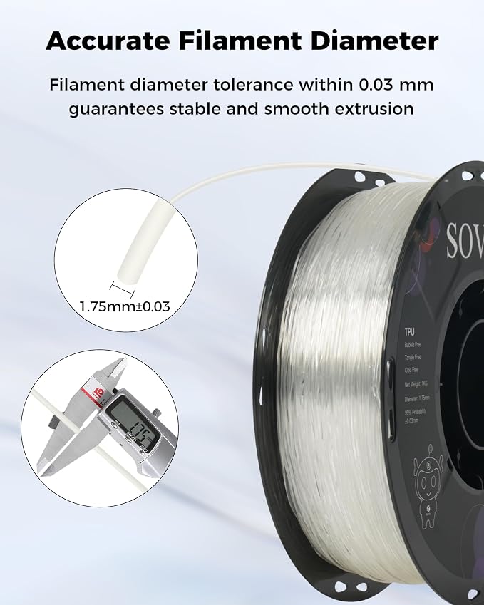 Sovol TPU Filament 1.75mm, 95A Soft TPU Flexible 3D Printer Filament with High Elasticity, 1kg (2.2lbs), Dimensional Accuracy +/- 0.03 mm, Fit Most FDM Printer, Clear