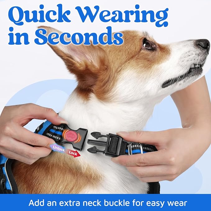 rabbitgoo Dog Harness for Large, No Pull 3 Buckles Easy On & Off | Soft Padded, Walking with Control Handle, Adjustable and Reflective, Blue, Large