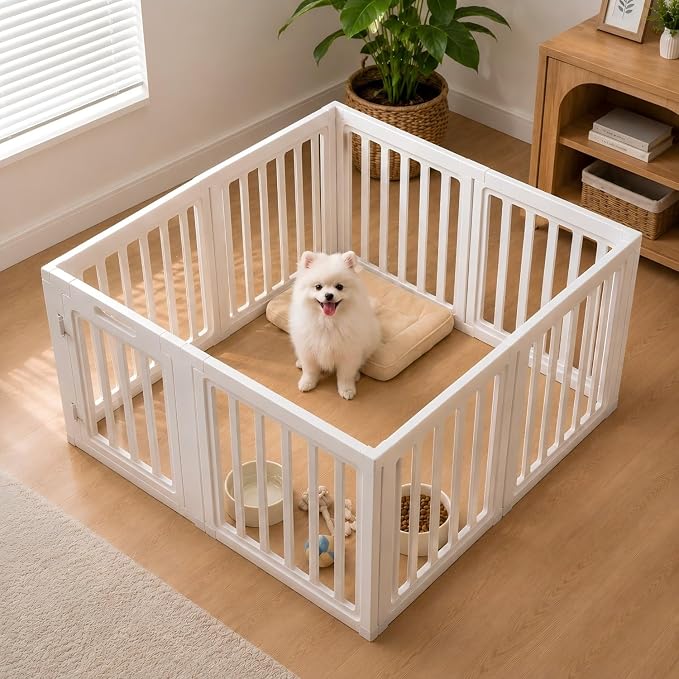 EVERFRONT Dog Playpen with Door - Dog Pen Indoor - Easy Assemble Dog Play Pen - Puppy Playpen, Cat Playpen, Small Animal Playpen, Dog Play Pen Indoors (White, 30", 8 Panels)