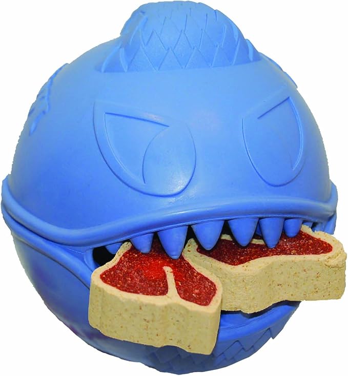 Jolly Pets Monster Ball Bouncing Treat Dog Toy, 3.5 in, Blue | Bouncy treat-stuffable dog toy - fill with treats or peanut butter and freeze for a cool treat
