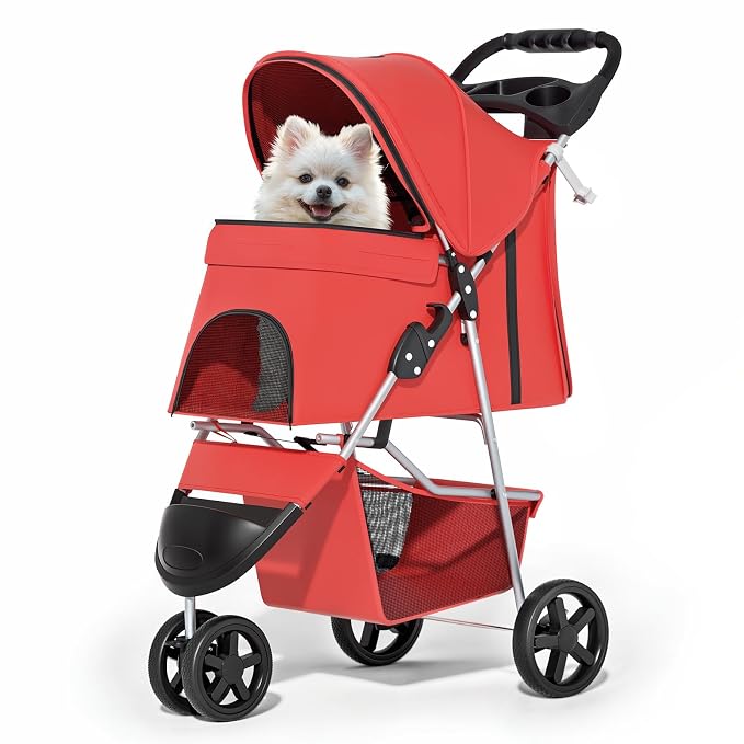MoNiBloom 3-Wheel Foldable Pet Stroller - Red, up to 33lbs