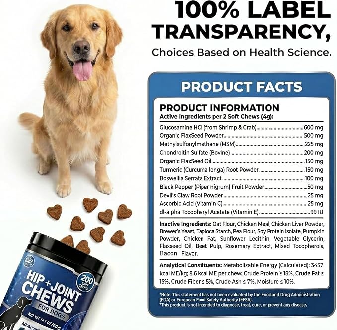 Glucosamine Dog Joint Supplement - Bacon Soft Chews with Chondroitin and MSM for Senior Pet Mobility and Post-Walk Stiffness, 200 Count