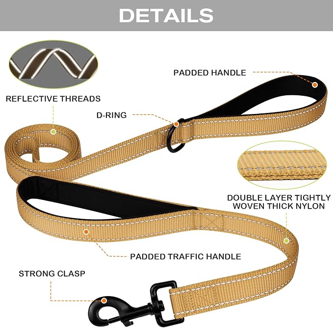 Joytale Dog Leash for Large Dogs that Pull, Double Handle, 4FT, Khaki | Traffic Handle for Control, Padded Handle Reduces Hand Strain, Reflective Stitching for Night Safety, Strong Nylon Webbing