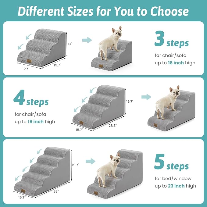 COZY KISS Dog Stairs for Small Dogs, 3 Step Pet Stairs for Beds & Couches | 13" H Curved Non-Slip Foam Dog Steps with Washable Cover for Puppies, Older Cats & Small Dogs, 15.7x19.7x13 in, Gray