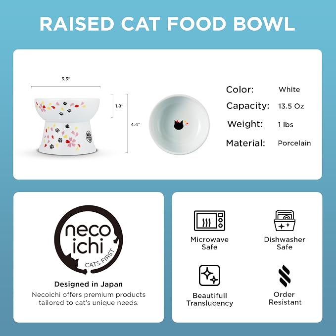 Necoichi Raised Cat Food Bowl – Ceramic Elevated Cat Bowl for Whisker & Neck Fatigue, Dishwasher Microwave Safe – Non-Slip & Anti Vomiting Ergonomic Design (Sakura Floral, Large, 2-Cup Capacity)