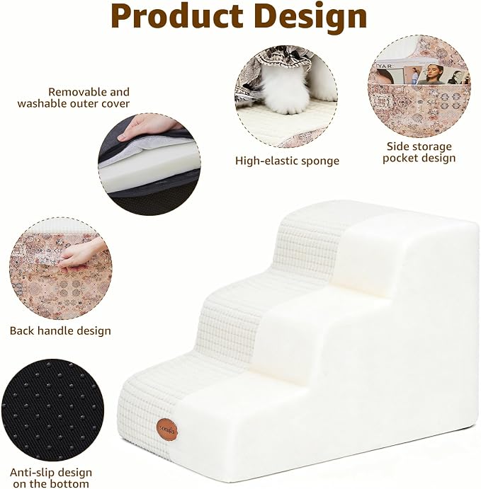 Woochpet 15.7” H Ramp Dog Stairs for Small Dogs, Printed Fabric 3 Tier Wider Curved Pet Stairs for Couch and Beds，Non-Slip Bottom for Old Cats with High-Density Foam and Washable Cover