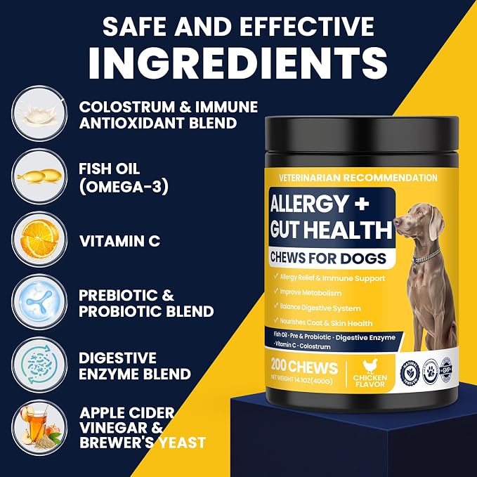 Dog Allergy Chews Probiotics for Dogs For Yeast 200ct, Itchy Skin and Itchy Ears Itch Relief Immune Pre Chews for Pet Digestive Gut Health Anti Itch for Itching and Licking / Dogs Yeast Supplement
