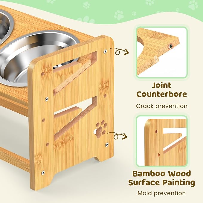 Elevated Dog Bowls, Adjustable Raised Dog Bowl Stand for Medium and Small Pet, 11" High Bamboo Pet Food Feeder with 2 Stainless Steel Dishes（4 Heights）