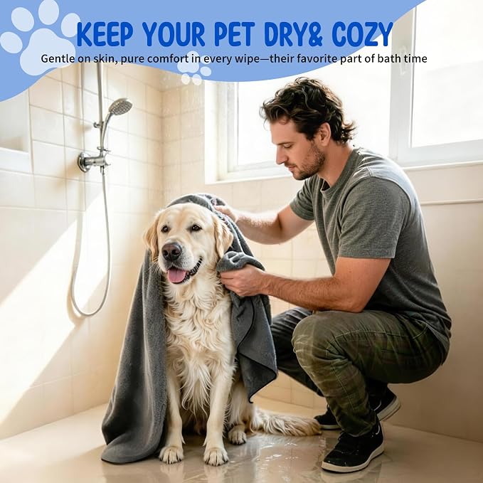 ATONET Microfiber Dog Towels for Drying Dogs, 40'' X 23.6'', Super Absorbent and Soft Pet Grooming Towel, Perfect Shower & Bath Supplies for Dogs(2 Pack Grey)