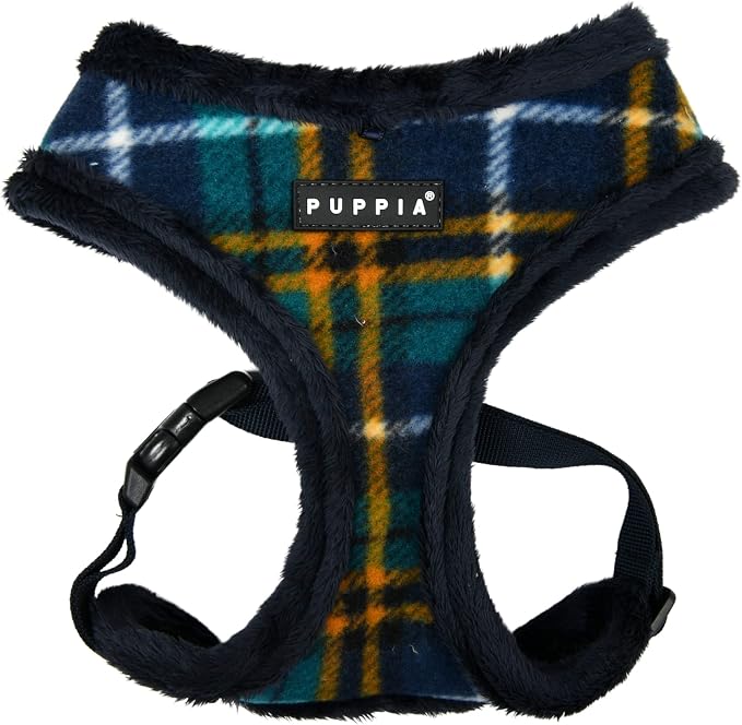 Puppia Norman Dog Harness Over-The-Head Warm Winter Checkered Pattern Adjustable Chest for Small and Medium Dog, Navy, Medium