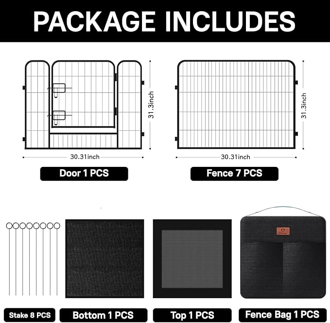 PJYuCien Dog Playpen with Storage Bag, 31.3in, 8 Panels, Square Bottom & Top Cover