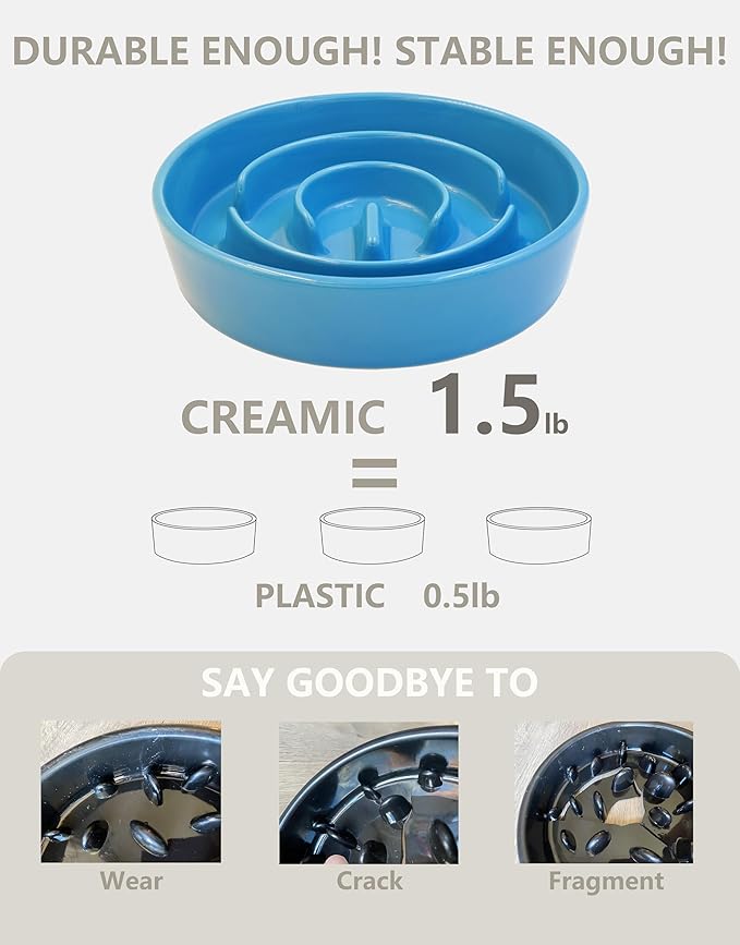 Ceramic Slow Feeder Dog Bowls, 0.6 Cup Slow Feeder for Small Dogs, Puzzle Maze Bowl, Prevents Choking, 6in, Blue