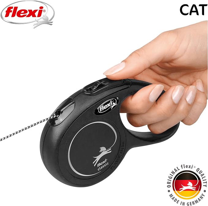 FLEXI® Classic XS Cord Retractable Cat Leash, 3-Finger Grip, 10 ft - Black | German engineered, original flexi leash, durable quality for cats up to 18 lbs, tangle-free, walking, reliable brake system