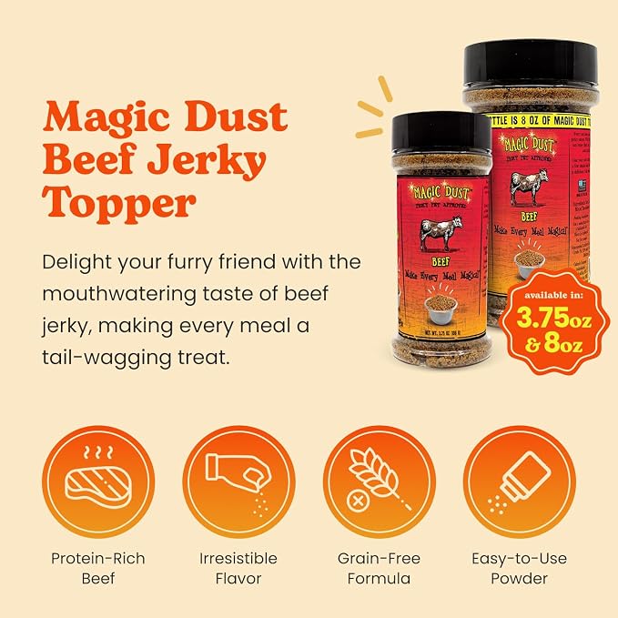 Magic Dust Beef Jerky Topper, Single Protein Pet Food Topper for Dogs & Cats, Enhance Flavor & Elevate Mealtime Excitement for Picky Eaters - 8 Ounce Bottle in Beef Flavor