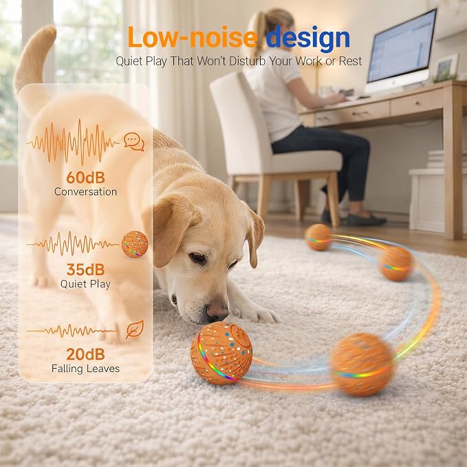 Interactive Dog Ball Toy, Automatic Rolling & Bouncing, LED, Orange | 2.8-Inch Ball, Small & Medium Dogs, 2-in-1 Fetch Toy, Home Alone Play, Reduces Boredom, USB-C Rechargeable, Up to 3 Hours