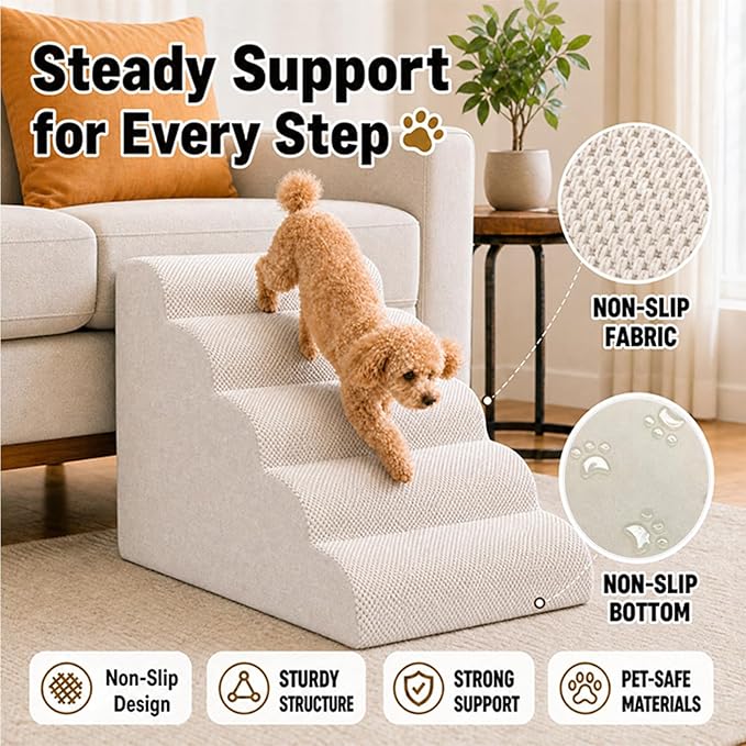 Dog Ramp for Bed,Pet Ramp for High Bed,Dog Stairs for Small & Medium Dogs,Curved Non-Slip Ladder for Older Dogs & Cats,24.4" H,5-Step (White)