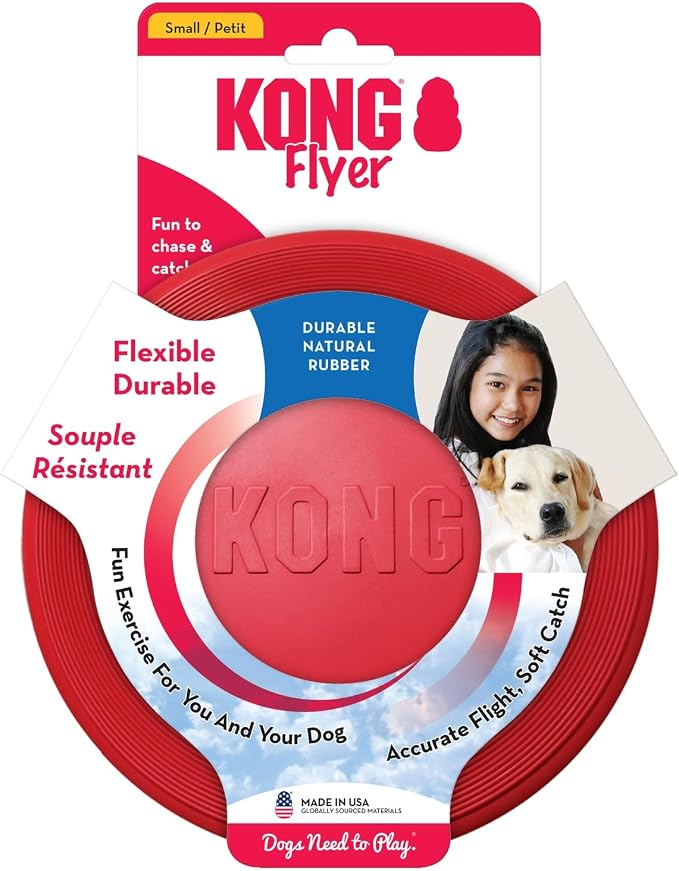 KONG Flyer - Durable Dog Toy for Outdoor Playtime - Natural Rubber Flying Disc, Dog Toy for Fetch - Safer Disc for Healthy Activity - for Small Dogs (Pack of 3)