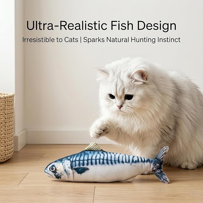 3 Pack Flopping Fish Cat Toy, Interactive Plush Cat Kicker Toy with Catnip Pocket, USB Rechargeable Wiggle Fish Set(Carp+Clownfish+Mackerel) for Indoor Kitten & Small Dogs, 3 Assorted Sizes