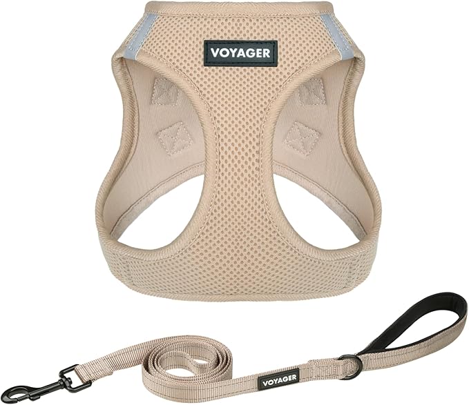 Best Pet Supplies Voyager Step-in Air All Weather Mesh Harness and Reflective Dog 5ft Leash Combo with Neoprene Handle, for Small, Medium and Large Breed Puppies - Khaki, XXS